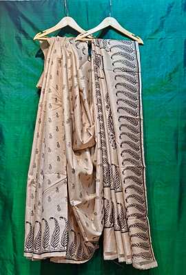 Beige & Black Pure Tassar Silk