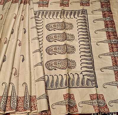 Beige Hand block Tassar Silk Saree