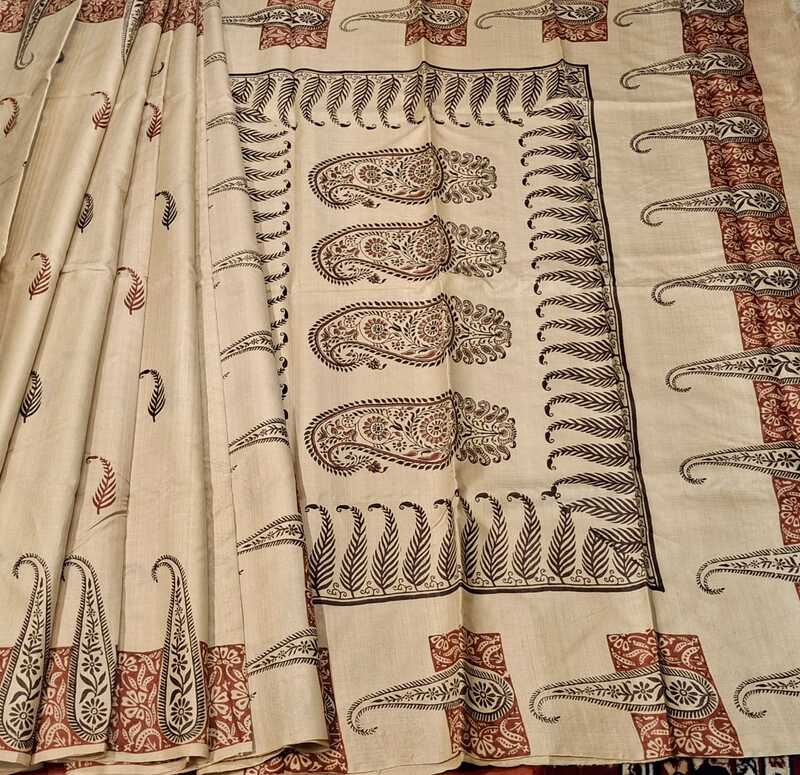 Beige Hand block Tassar Silk Saree