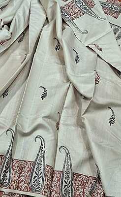 Beige Hand block Tassar Silk Saree