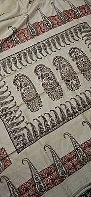 Beige Hand block Tassar Silk Saree