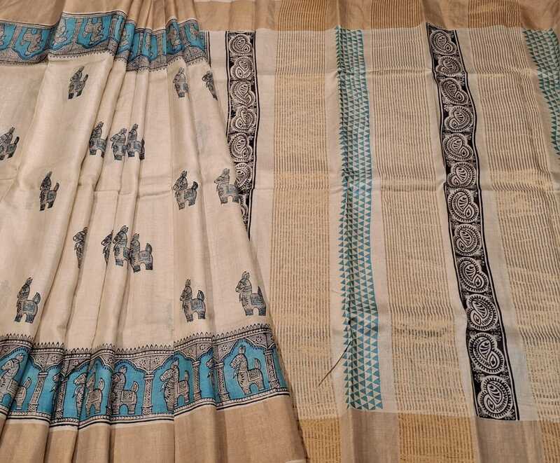 Block print Pure Tassar Saree