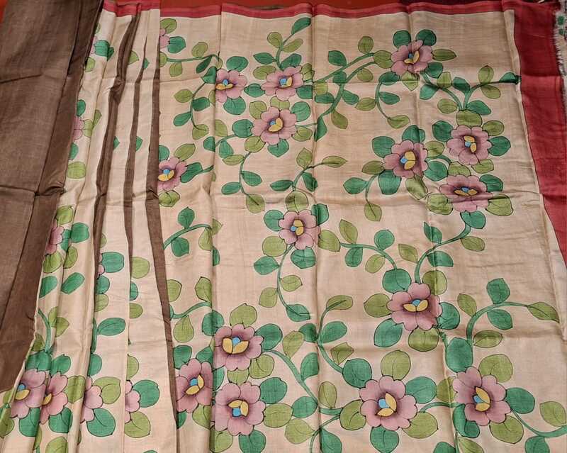 Pure Tassar Silk Saree Beige and Brown