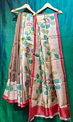 Pure Tassar Silk Saree Beige and Brown