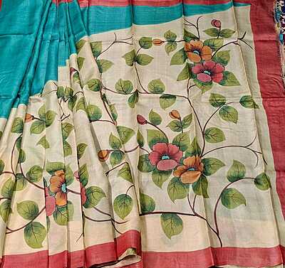 Pure Tussar Hand Painted Peacock Blue Saree