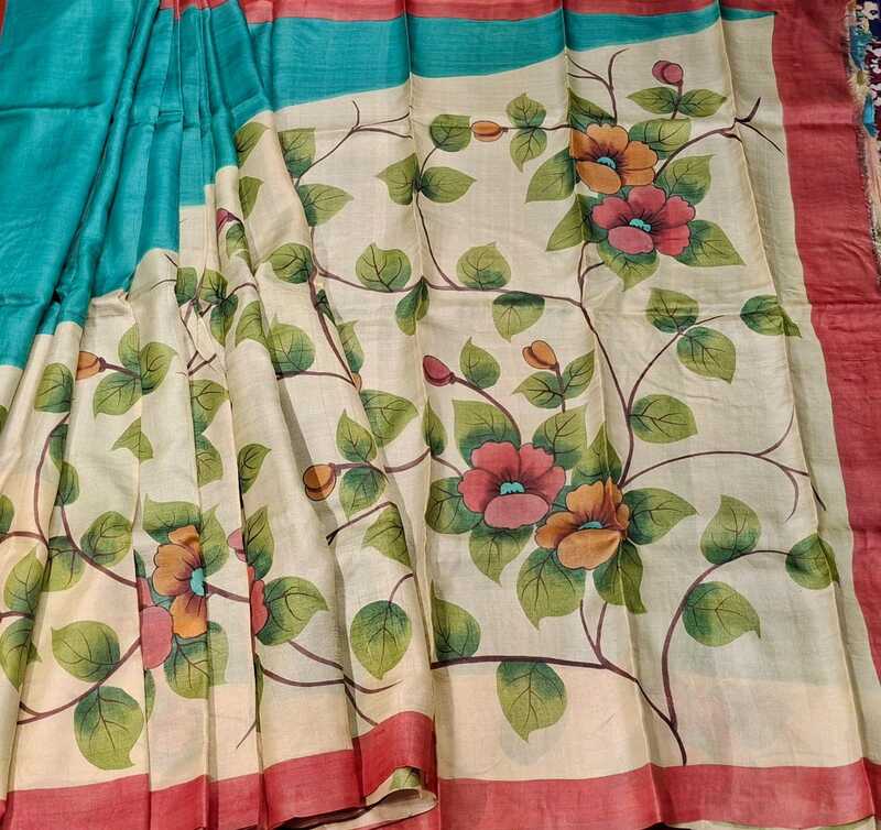 Pure Tussar Hand Painted Peacock Blue Saree