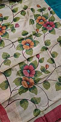 Pure Tussar Hand Painted Peacock Blue Saree