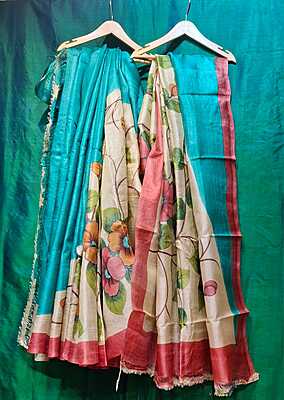 Pure Tussar Hand Painted Peacock Blue Saree