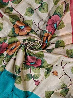 Pure Tussar Hand Painted Peacock Blue Saree