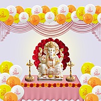 Happy Ganesh Chaturthi  Balloons, Ganesh Chaturthi decorations at mandap/ home Pack of 30 multicolor Metallic yellow, metallic orange metallic white balloons-181133
