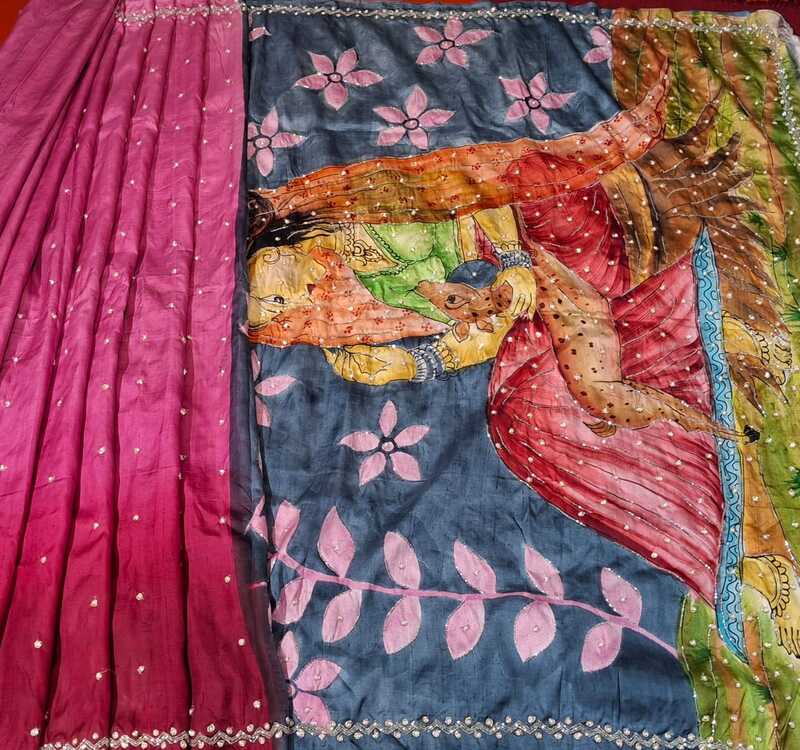 Pure Katan Silk Hand Painted Katdana Work