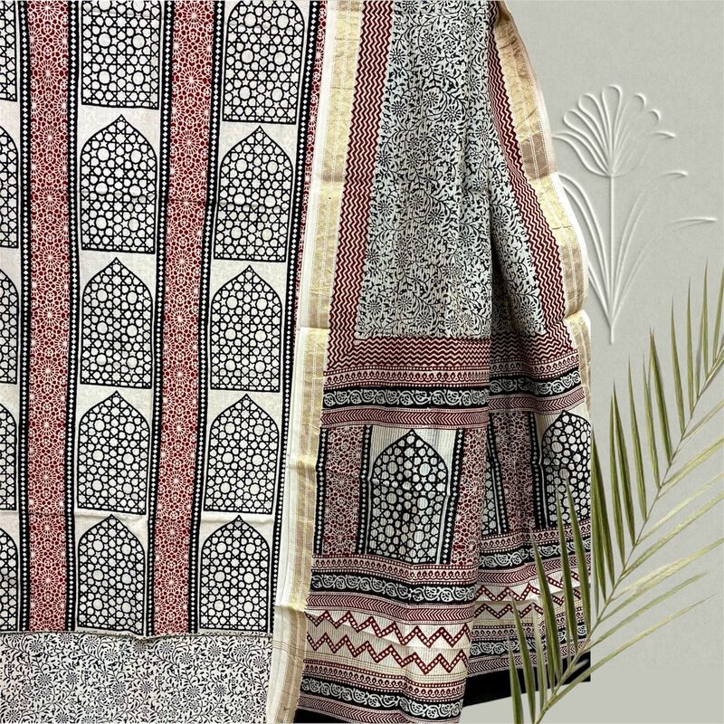 Bagh Print Cotton Suit  with Maheshwari Dupatta Set #16