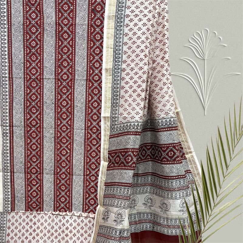 Bagh Print Cotton Suit  with Maheshwari Dupatta Set #17