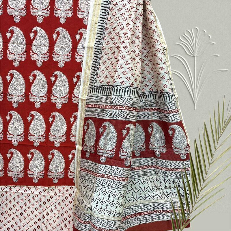 Bagh Print Cotton Suit  with Maheshwari Dupatta Set #15