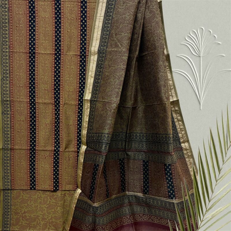 Bagh Print Cotton Suit  with Maheshwari Dupatta Set #20