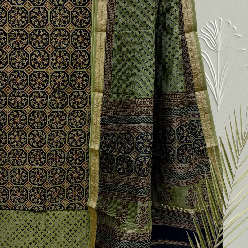 Bagh Print Cotton Suit with Maheshwari Dupatta Set #22
