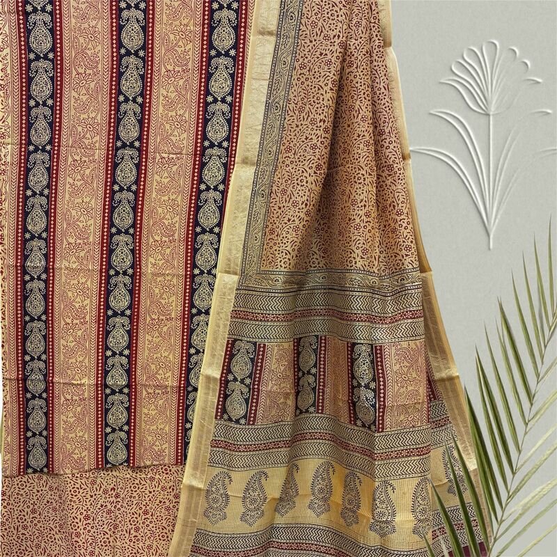 Bagh Print Cotton Suit  with Maheshwari Dupatta Set #24