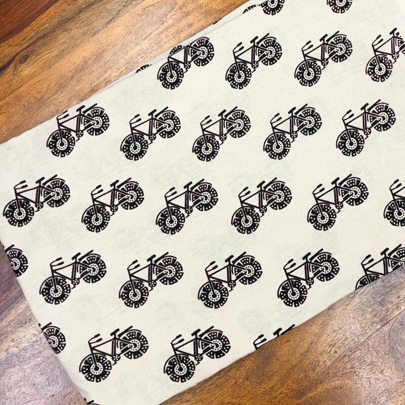 Quirky Block Print Cotton Fabric (Bicycle-Off-White)