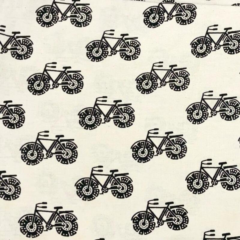 Quirky Block Print Cotton Fabric (Bicycle-Off-White)