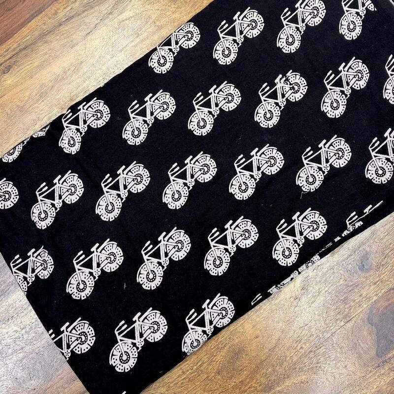 Quirky Block Print Cotton Fabric (Bicycle-Black)