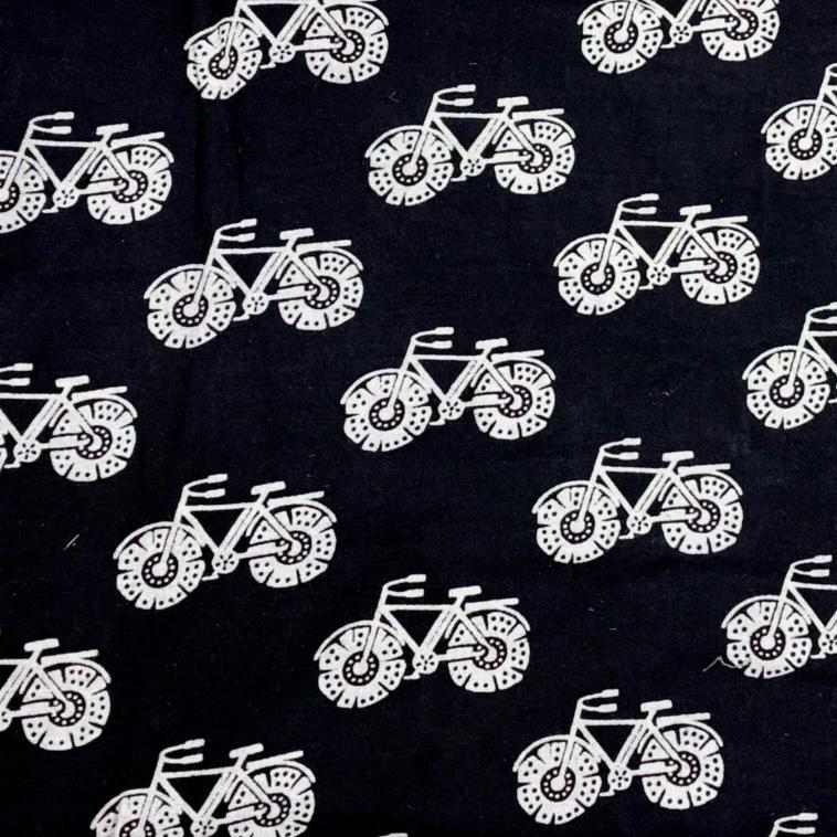 Quirky Block Print Cotton Fabric (Bicycle-Black)