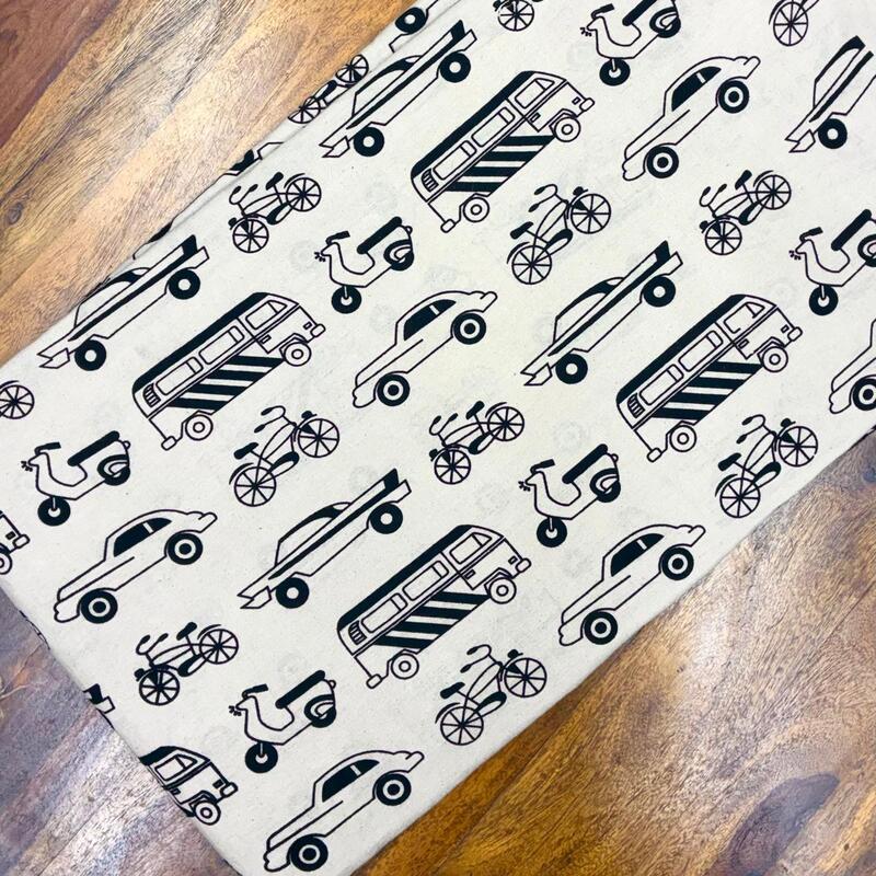 Quirky Block Print Cotton Fabric (Traffic-Off White)
