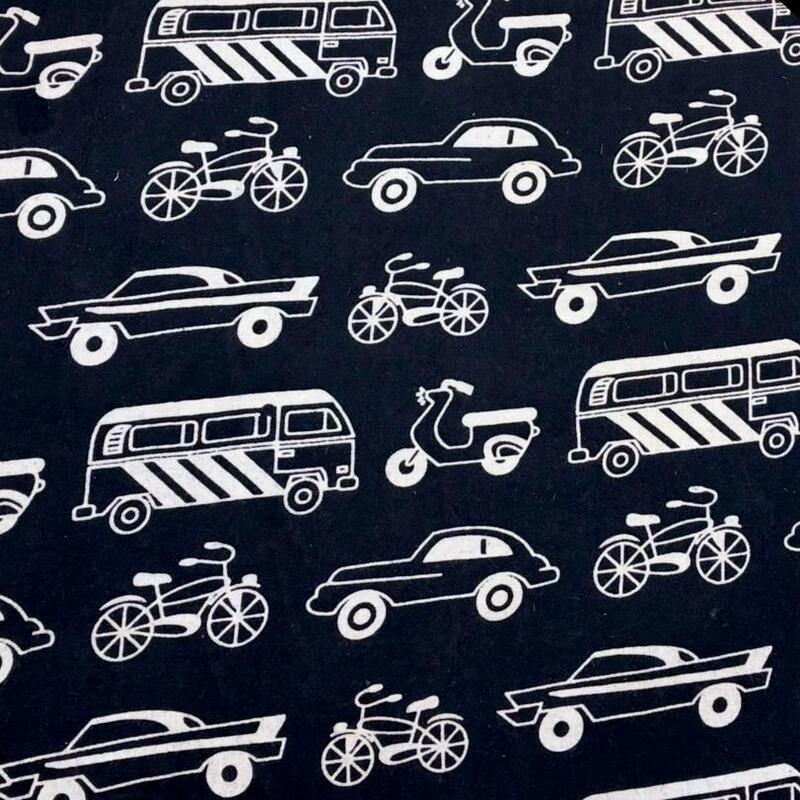 Quirky Block Print Cotton Fabric (Traffic-Black)