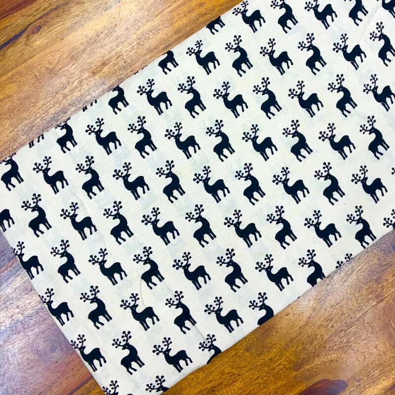 Quirky Block Print Cotton Fabric (Rain Deer-Off White)