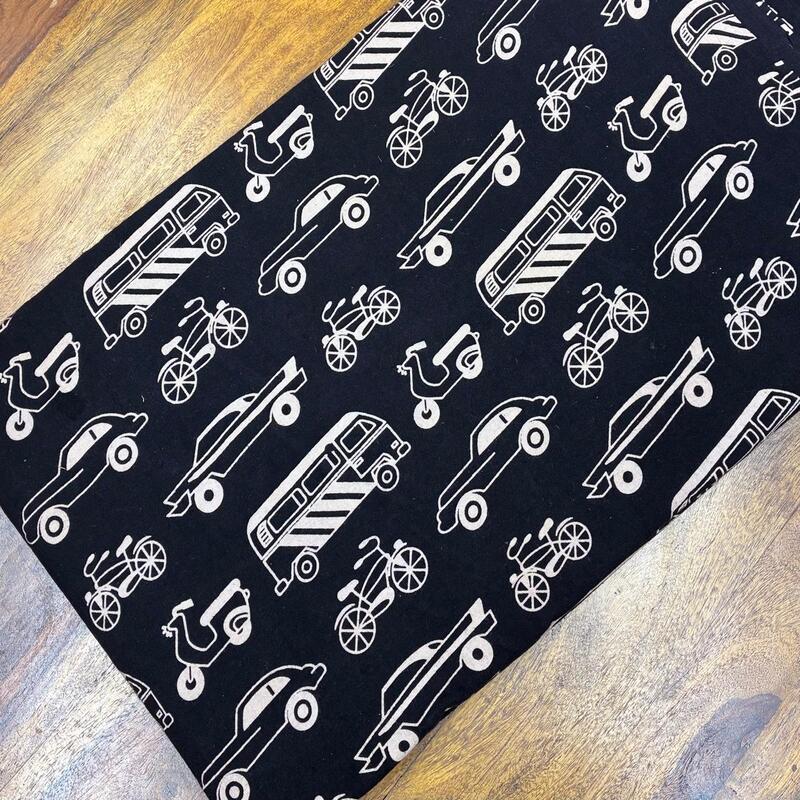 Quirky Block Print Cotton Fabric (Traffic-Black)