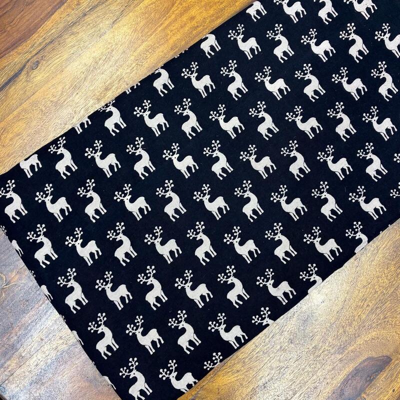 Quirky Block Print Cotton Fabric (Rain Deer-Black)