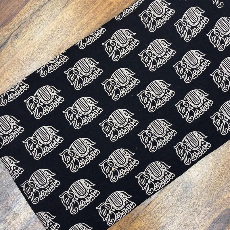 Quirky Block Print Cotton Fabric (Elephant-Black)