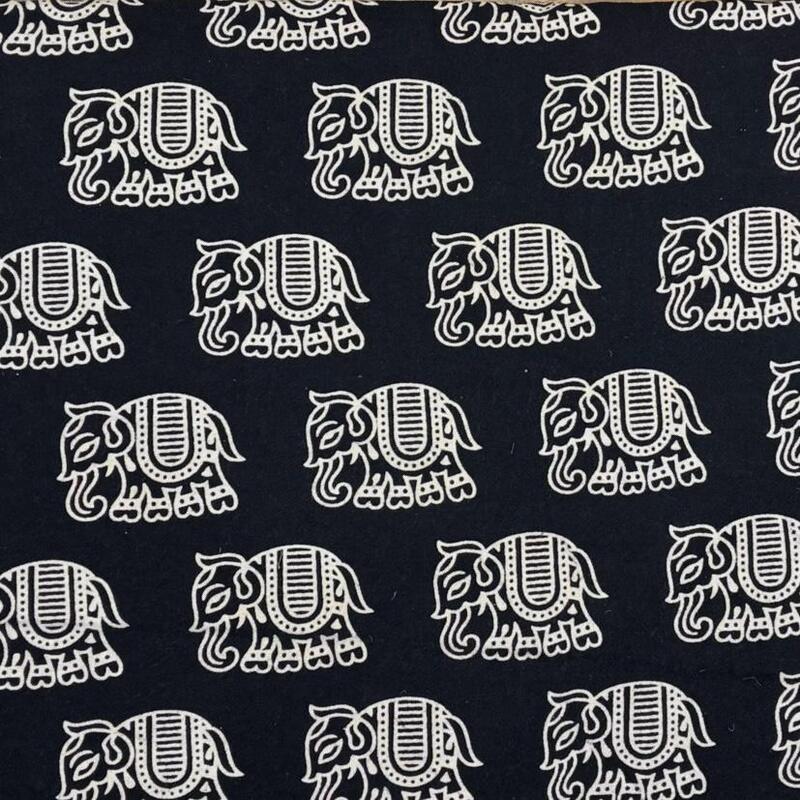 Quirky Block Print Cotton Fabric (Elephant-Black)