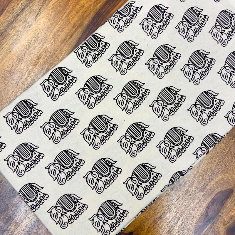 Quirky Block Print Cotton Fabric (Elephant-Off White)