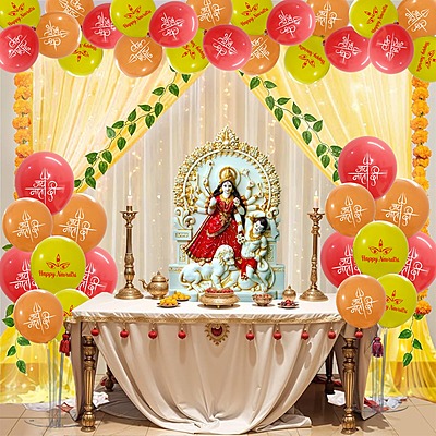 Happy Navratri Customized Balloons – Pack of 30 Multicolor Yellow, Orange & White Balloons for Navratri Decorations, Mandap & Home Décor