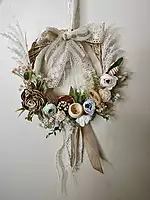Rustic Neutral Wreath with Blue Accents & Lace Ribbon Hanging Small Size