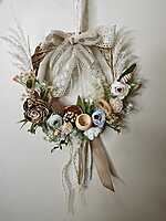 Rustic Neutral Wreath with Blue Accents & Lace Ribbon Hanging Small Size