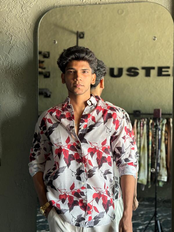 Crimson shadow leaf printed shirt