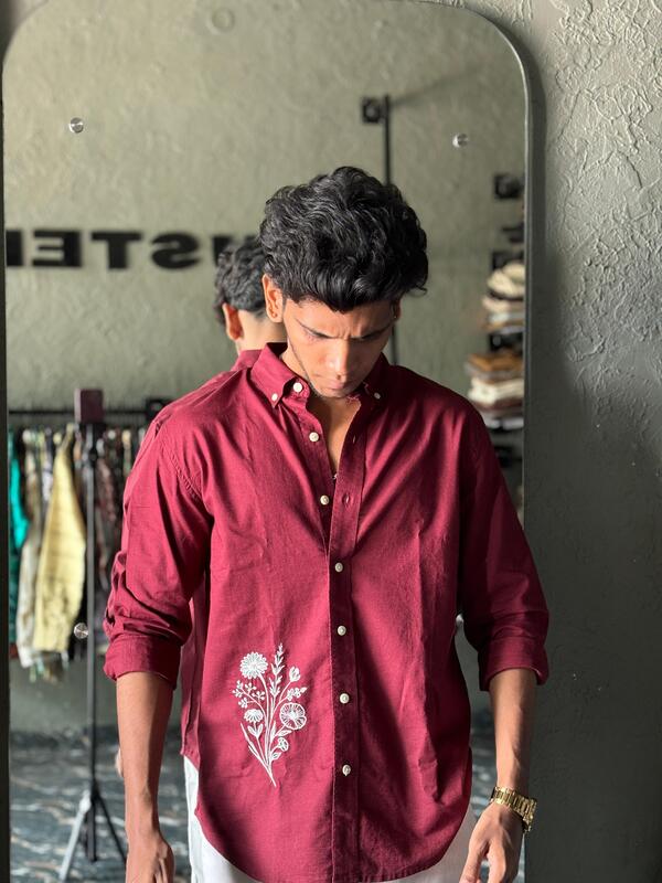 Maroon linen embroidered shirt