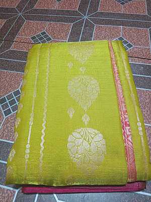 Soft Venkatagiri Pattu Saree Yellow Colour With Blue & Silver Border