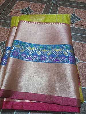 Soft Venkatagiri Pattu Saree Yellow Colour With Blue & Silver Border
