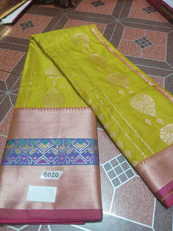 Soft Venkatagiri Pattu Saree Yellow Colour With Blue & Silver Border