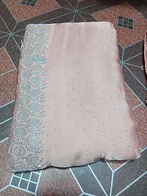 Siroski Stones Saree Cream Colour With Maggam Work Blouse