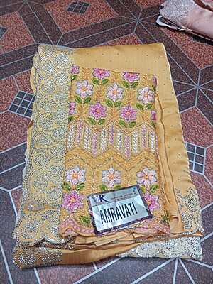 Siroski Stones Saree Light Orenge Colour With Maggam Work Blouse