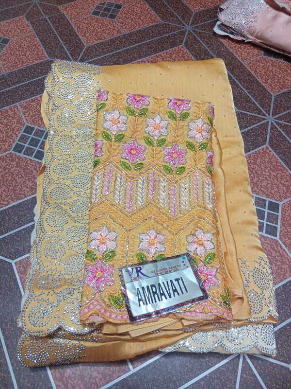 Siroski Stones Saree Light Orenge Colour With Maggam Work Blouse