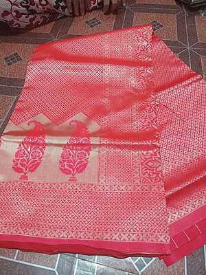 Pattu Saree Red Colour With Buttas Silver Border