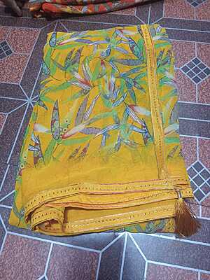 Georgette Saree Yellow Colour With Multi Colour Flowers