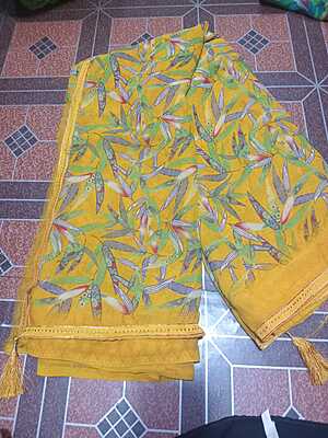 Georgette Saree Yellow Colour With Multi Colour Flowers