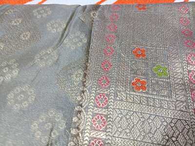 Soft Pattu Saree Gray Colour With Silver Border
