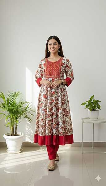 Cotton Umbrella Kurti White with Red