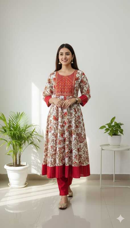 Cotton Umbrella Kurti White with Red